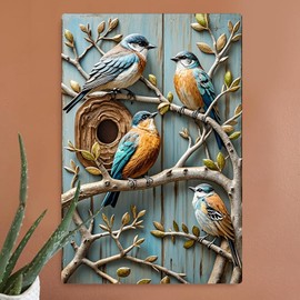 Seeyoo Vintage Tin Sign Wall Decor, 2D Flat with 3D Visual Effect, Decorations for Home & Kitchen, Retro Metal, 8 x 12 Inches - Birds