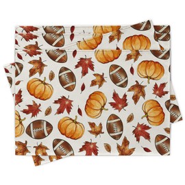 Croar Fall Pumpkin Football Maple Leaves Placemats Set of 4, Autumn Thanksgiving Sport Game Day Dining Place Mats Table Decor, Rugby Farmhouse Rustic Home Kitchen Decoration 12 x 18 Inches