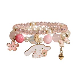 Couple Heart Kawaii Bracelets Set Kawaii Anime Cute Crystal Beads Pearl Bracelets Cute Cartoon Elastic Beaded Bracelets. (Pink)