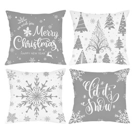 Christmas Cushion Covers, 45x45cm Xmas Decorative Pillow Case Set of 4, Xmas Holiday Throw Pillow Cover, Decorative Gray Linen Square Pillowcase with Winter Snowflake, Merry Christmas, Xmas Tree Print