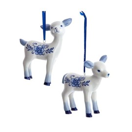 The Bridge Collection Delft Blue and White Deer Ornaments - Set of 2 - Porcelain Floral Baby Deer Ornaments for Holiday Decor - Floral Fawn Christmas Ornaments
