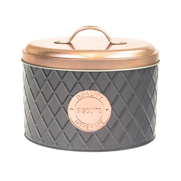 Grey & Copper Metal Biscuit Cookie Storage Tin Box Canister
