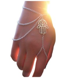 Yheakne Boho Hamsa Slave Bracelet Silver Hand Finger Bracelet Vintage Ring Bracelet Layering Chain Wrist Bracelet Retro Hand Harness Bangle Hand Chain Jewelry for Women and Girls