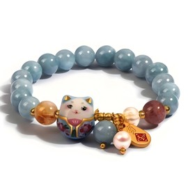SIXAOAZZ Lucky Cat Bracelet for Women, Feng Shui Wealth Protection Bracelet with Blue Crystal & Ceramic Cat Charm, Adjustable Maneki Neko Good Luck Jewelry Gift (Blue)