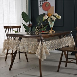 Clear Plastic Rectangle Tablecloth Vinyl Waterproof Table Cloth Embroidered Lace Edge Transparent Table Cover for Dining Kitchen Outdoor Table(60 x 86 inch, Coffee Style 1)