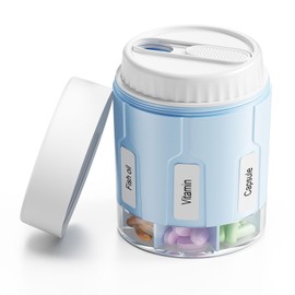 Daviky Pill Bottle Organizer, Supplement Organizer with 7 Large Compartments, Travel Pill Dispenser Round Pill Box with Two Lids（Blue）