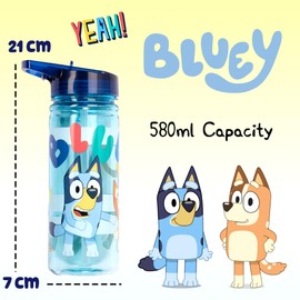 Bluey Water bottle with straw 580 ml 100% Leakproof Durable School Water Bottle Strong Plastic and BPA free (Light Blue)