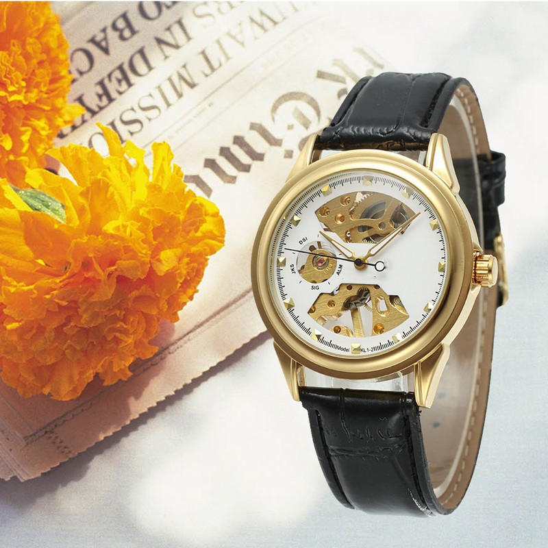 WINNER Men Hollow Mechanical Waterproof Watch Wristwatch (White Dial)