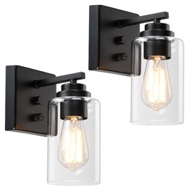 Pia Ricco Wall Sconces Set of Two, Bedside Wall Lamps with Rotary Switch for Bedroom, Modern Bathroom Light Fixtures with Clear Glass Shade, Black Sconces Wall Lights for Living Room, Hallway, Kitchen