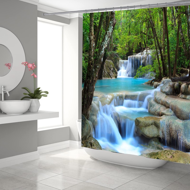 DDS-DUDES Waterfall Shower Curtain, Garden Spring Natural Scenery Forest Waterproof