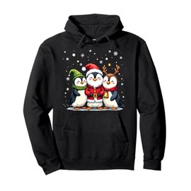 Cute Christmas Penguins in Santa Elf and Reindeer Costumes Pullover Hoodie