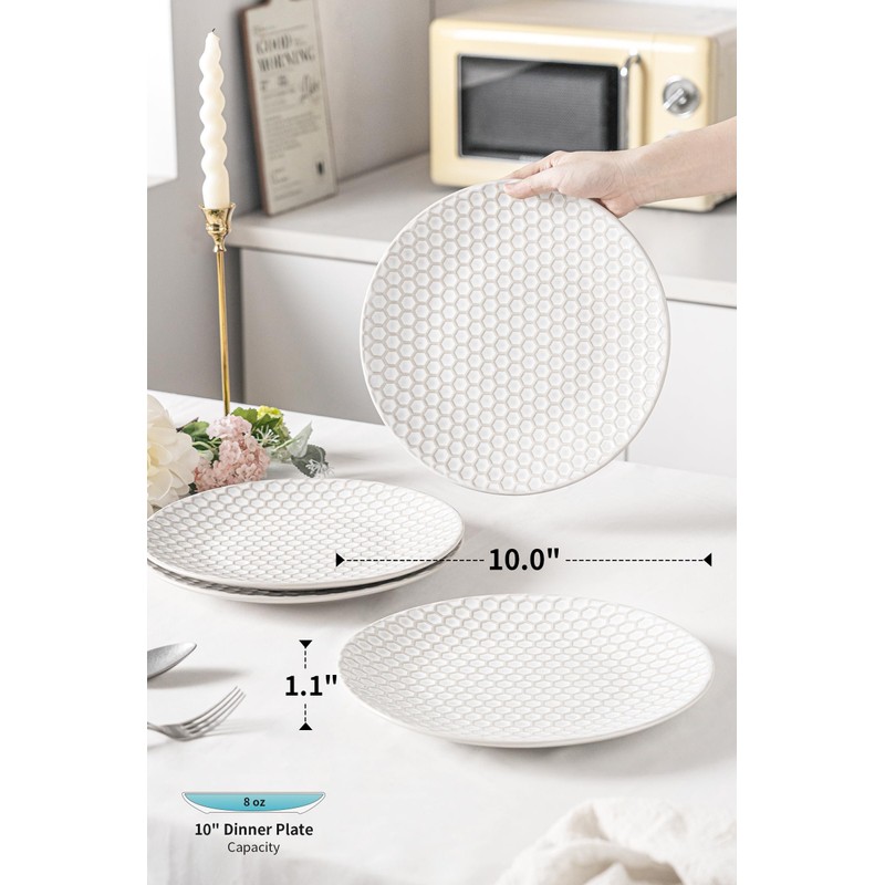 FOBENTA Ceramic Dinner Plates Set of 4,Lena Porcelain Dinner Plates,Embossment