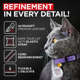 Leather Cat Collar with Bell & Elastic Strap - Pet Collar Leather - Leather Kitten Collar - Cats Small and Big Cat Collar for Boy Cats, Girl Cats with Safety Elastic Strap (Purple, 6" - 8")
