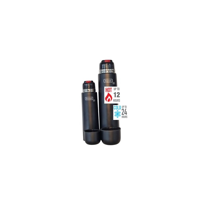 Benol Thermos Flask 500 ml, Black, Insulated Bottle with Drinking