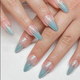 Almond Press on Nails Medium Blue Ombre Fake Nails Chrome Mirror Acrylic Nails Glossy Shiny False Nails Gradation Glue on Nails Artificial Stick on Nails for Women Manicure 24Pcs