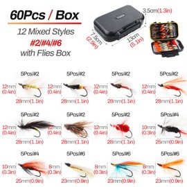 Kit surtido de moscas para pesca con mosca, Nyphms seco y húmedo, Tenkara Popper, serpentín lanudo para trucha, lubina, salmón, Steelhead con caja de moscas (60 unidades, kit de moscas de salmón con