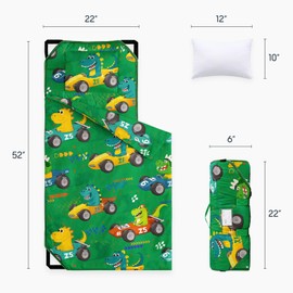 Wake In Cloud - Cot Nap Mat with Pillow and Blanket, for Toddler Kids Boys in Daycare Kindergarten Preschool Pre K with Elastic Corner Straps, Colorful Dinosaur Race Car, Grass Green