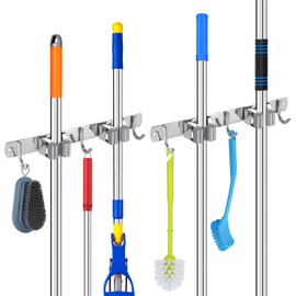 Hejo Mop Holder Wall Mounted, 2 Pack 2 Racks 3 Hooks 304 Stainless Steel Heavy Duty Broom Holder for Bathroom, Kitchen, Garage, Garden Tool Organizer, Brush Mop and Broom Gripper