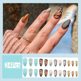 3D Press on Nails Short Almond Fake Nails Lake Blue Gradient Glue on Nails Glossy Butterfly Wings False Nails with Ripple Designs French Tip Acrylic Nails Cute Stick on Nails for Women 24Pcs