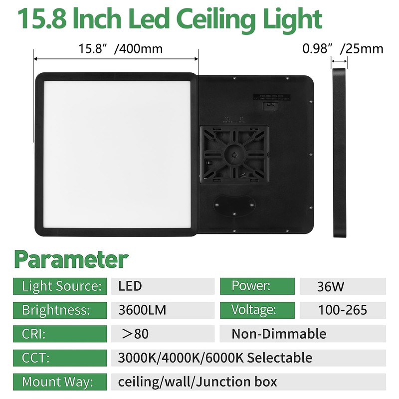 16 Inch Square LED Flush Mount Ceiling Light, 36W 3600LM,