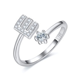 CRYSLOVE Women’s / Girls’ Letter Ring - 925 Sterling Silver - Open & Adjustable Initial Ring - A-Z Alphabet Rings with Gift Box, Silver, E