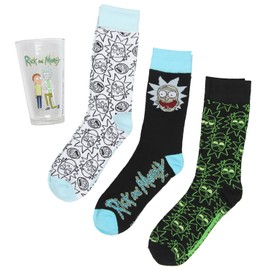 Culture Fly Rick and Morty 3 Pairs of Socks Plus Character Design Pint Glass Gift Set Bundle