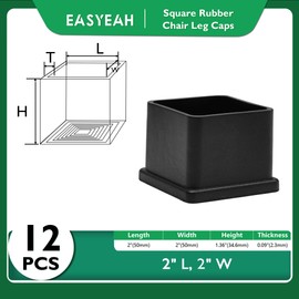 EASYEAH 2" (50mm) Square Chair Leg Floor Protectors, Black Rubber Chair Leg Caps, Non-Slip Patio Furniture Feet Cap, PVC Chair Feet Covers for Hardwood Floors, Tables & Patio Furniture, 12pcs