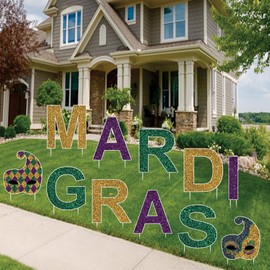 Mardi Gras Yard Sign Cutouts, Masquerade Party Theme Decorations Mardi Gras Jester Mask Props, Mardi Gras Mask Yard Signs With Metal Stakes, VP2329