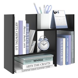 SUPEASY Wood Desk Shelf, 5-Unit Desktop Organizer Adjustable Desktop Shelves, Wooden Tabletop Bookshelf Desk Organizers and Accessories for Home Office Organization and Storage, Black