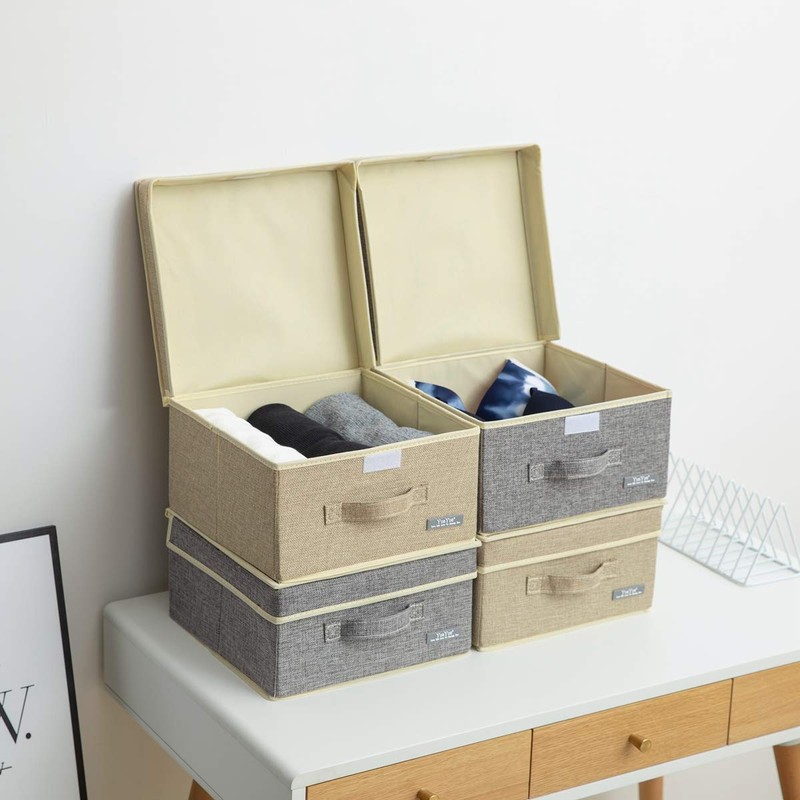 YueYue 4 Pack Small Fabric Storage Box with Lids, Foldable