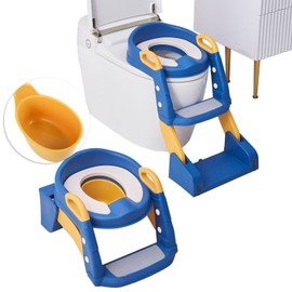 3 in 1 Toddler Potty Training Seat Chair with Ladder and Basin for Baby Boys and Girls, Adjustable Kids Potty Training Seat for Toilet with Anti-Slip Wide Steps and Safety Handles (Blue)