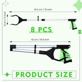 Ctosree 8 Pack 32" Trash Grabber Reacher Tool for Elderly, Foldable Litter Picker Upper, Lightweight Trash Pick up Stick, Long Handy Mobility Aids for Home Garden Arm Extension(Green)