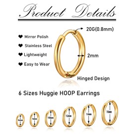 Ofeiyaa 12 Pairs Stainless Steel Huggie Hoop Earrings Black Gold Silver Cartilage Piercings Earrings Tiny Small Hoop Earrings f or Women Men 6/8/10/12/14/16mm