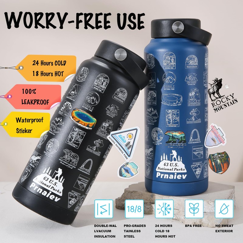 Prnaiev National Parks Water Bottle 32 oz 3 Lids 80
