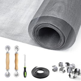 King&Charles Window Screen Door Repair/Replacement Kit, Include Gray Screen Mesh 59"x106"+ 2 Roller+50Ft Spline+8Clips+Hook, 6 in 1 Window Mesh Kit, Steel/Nylon Bearing Roller