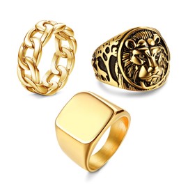 HANPABUM 3Pcs 14K Gold Plated Rings for Men Women Chunky Cuban Link Ring, Size 12