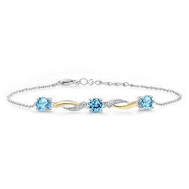 Gem Stone King 1.99 Ct Swiss Blue Topaz E-F Lab Grown Diamond 925 Silver and 10K Yellow Gold 7 Inch Tennis Bracelet For Women with 1 Inch Extender