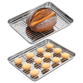 Navaris Quarter Sheet Baking Pan Breading Trays w Racks - Stainless Steel Baking Sheet with Wire Rack Insert for Oven Cooking - Cookie Bacon Tray - Set of 4 12.2X 9.4” (31x24cm)