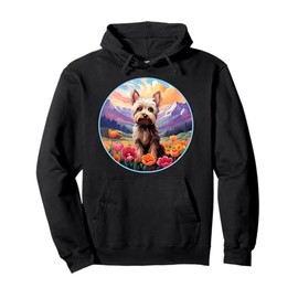 Cute Yorkie Yorkshire Terrier Flower Mountain Sunset Dog Pullover Hoodie