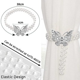 DIKABAO Curtain Tiebacks 2Pcs Butterfly Curtain Clips Adjustable Decorative Alloy Curtain Straps Curtain Holdbacks with Classy Small Pearl Elastic Rope for Home Office Living Room Curtain Decoration