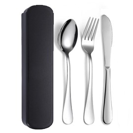 JIEYUCHU Camping Cutlery Set of 3, Stainless Steel Camping Cutlery with Case, Reusable, Travel Cutlery for On the Go Camping Picnic (Black)