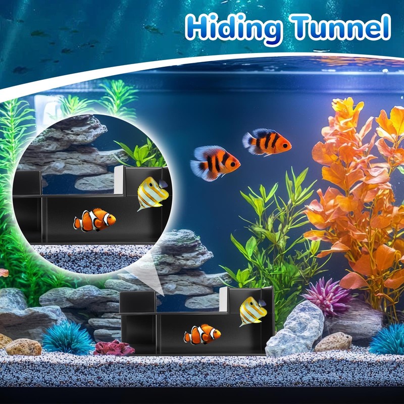 EMUTOL Dual-Entrance Aquarium Tunnel, Aquarium Cave Hideout 360° Viewing, Black