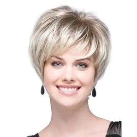 AIYLMZ Short Light Gold Pixie Cut Wigs with Fringe for Women Light Gold Stylish Fluffy Layered Wigs Natural Fluffy Heat Resistant Synthetic Wigs (Light Gold)