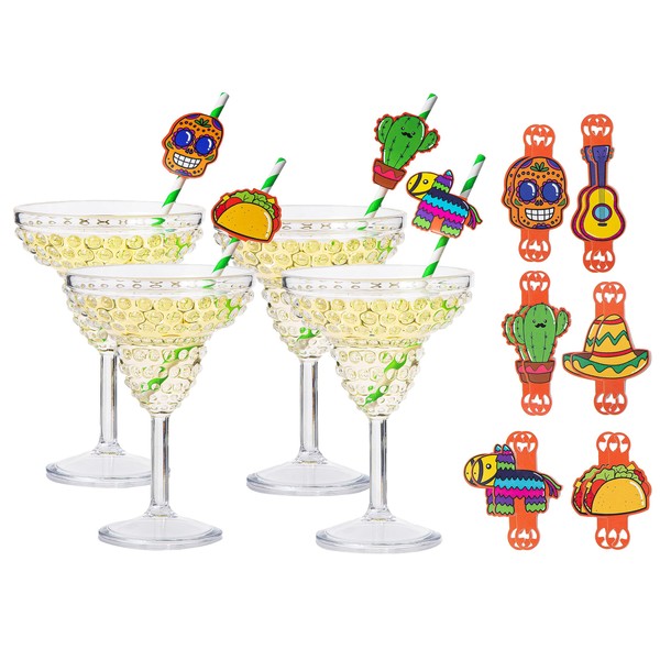 Unbreakable Margarita Glasses - Set of 4 Shatterproof Stemmed Disposable Margarita Glasses Copas Para Margaritas 12oz Capacity, 12 Paper Straws & 12 Mexican Tropical & Coco-Themed Parties