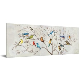 KREATIVE ARTS Spring Flowers Canvas Wall Art Birds on Tree Branches Picture Giclee Prints Grey Oil Paintings Reproduction for Bedroom Ready to Hang 20x55inch