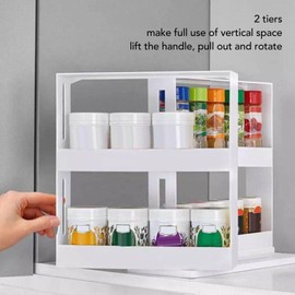 Sliding Spice Rack, Pull & Rotate Seasoning Organizer 2 Tier Slide Out Cabinet Storage with 2 Double Decker Shelves for Condiments, Spices, Jars