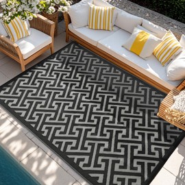 Waterproof Outdoor Rug 8x10 ft, Reversible Plastic Straw Rug, Easy to Clean Patio Rug, Portable Carpet for Patio, RV, Deck, Balcony, Backyard, Picnic, Beach, I-Shaped, Black