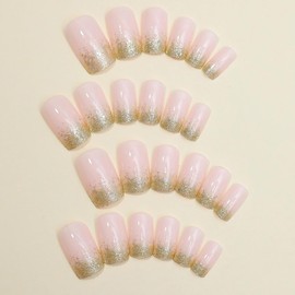 24pcs Gold French Tip Press on Nails Medium Square Fake Nails Coffin Shaped Nails Design Glitter Glue on Nails Pink Artificial Nails Pink Acrylic False Nails Exquisite for Women and Girls DIY Nail Kit