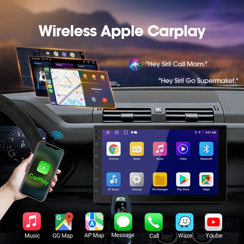 Haudio 7" Double Din Car Stereo with Wireless CarPlay &
