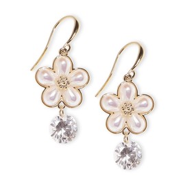 Sonateomber Pearl Flower Drop Dangle Cubic Zirconia Gold Fish Hook Earrings for Women – Silvery Floral Sparkly Crystal Spring Easter Fashion Jewelry Gifts